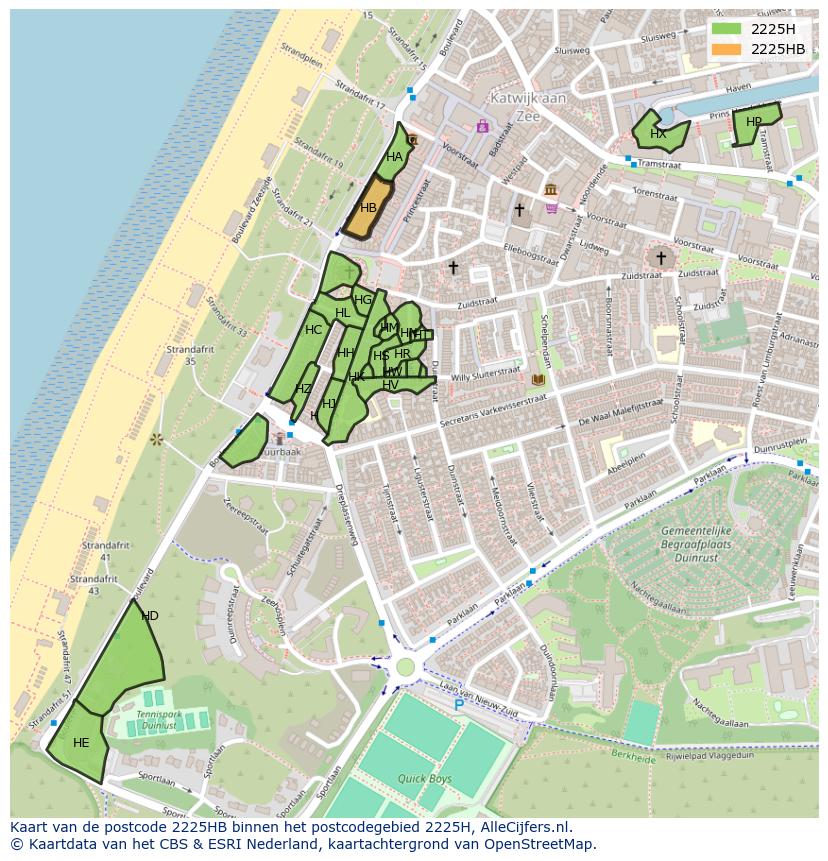 Afbeelding van het postcodegebied 2225 HB op de kaart.
