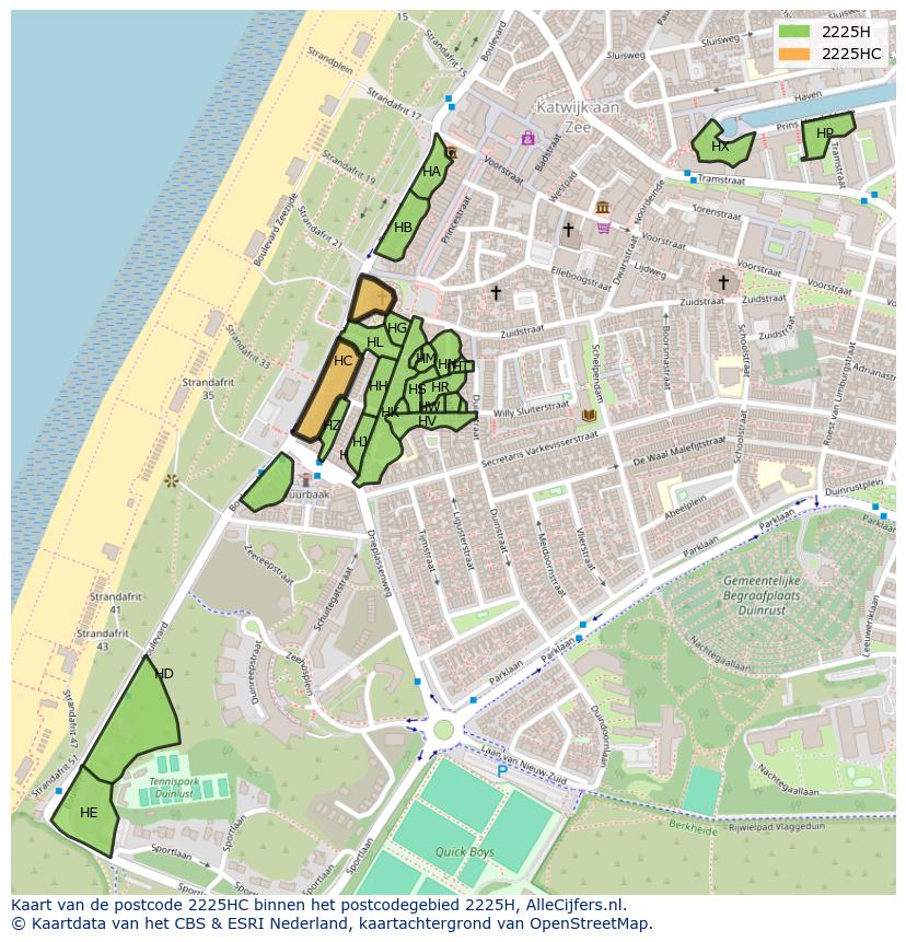 Afbeelding van het postcodegebied 2225 HC op de kaart.