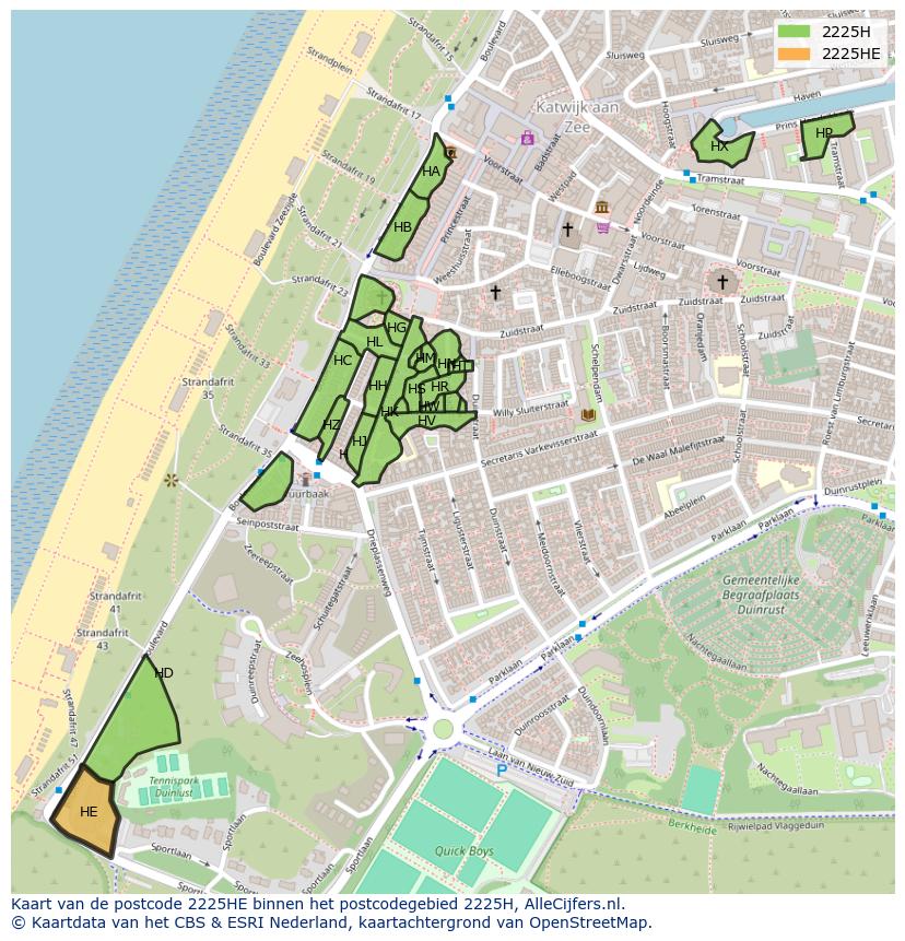 Afbeelding van het postcodegebied 2225 HE op de kaart.