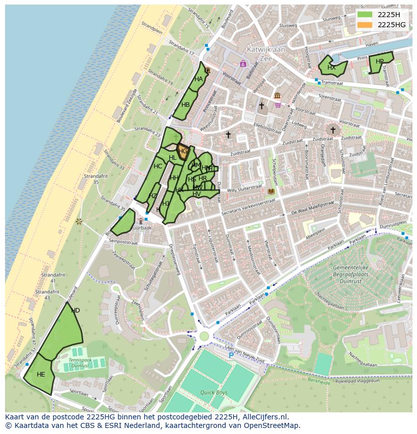 Afbeelding van het postcodegebied 2225 HG op de kaart.