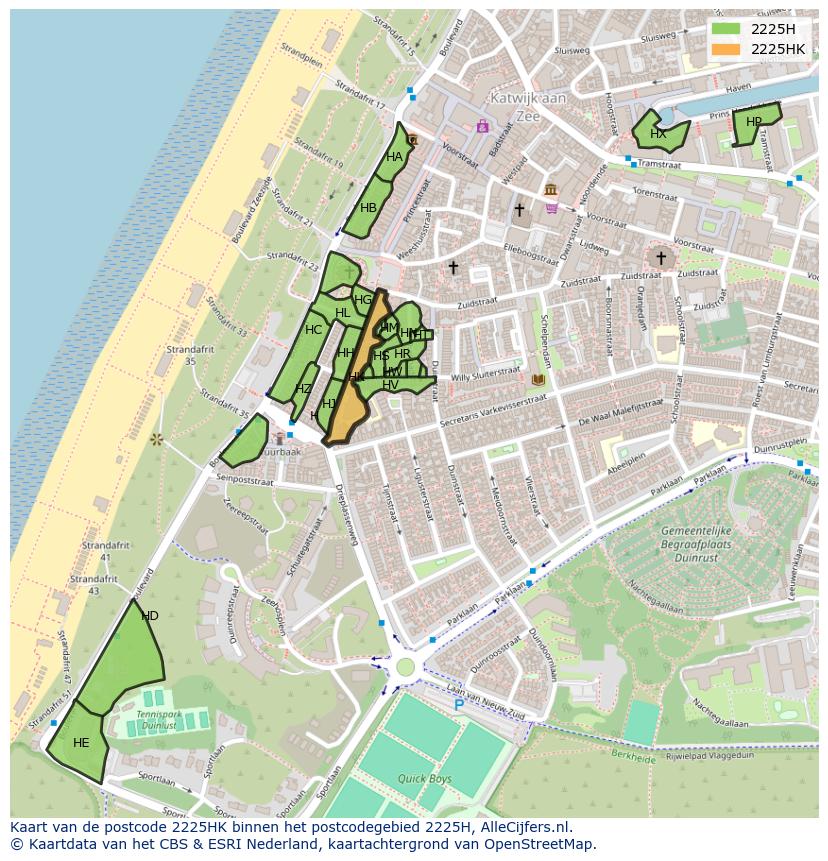 Afbeelding van het postcodegebied 2225 HK op de kaart.