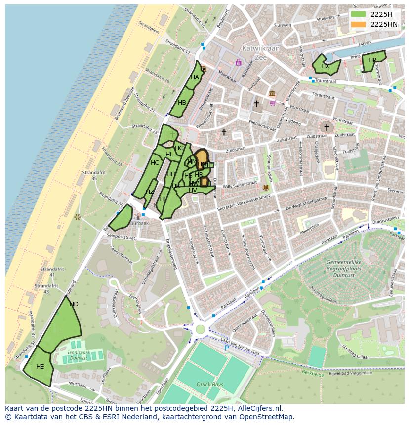 Afbeelding van het postcodegebied 2225 HN op de kaart.