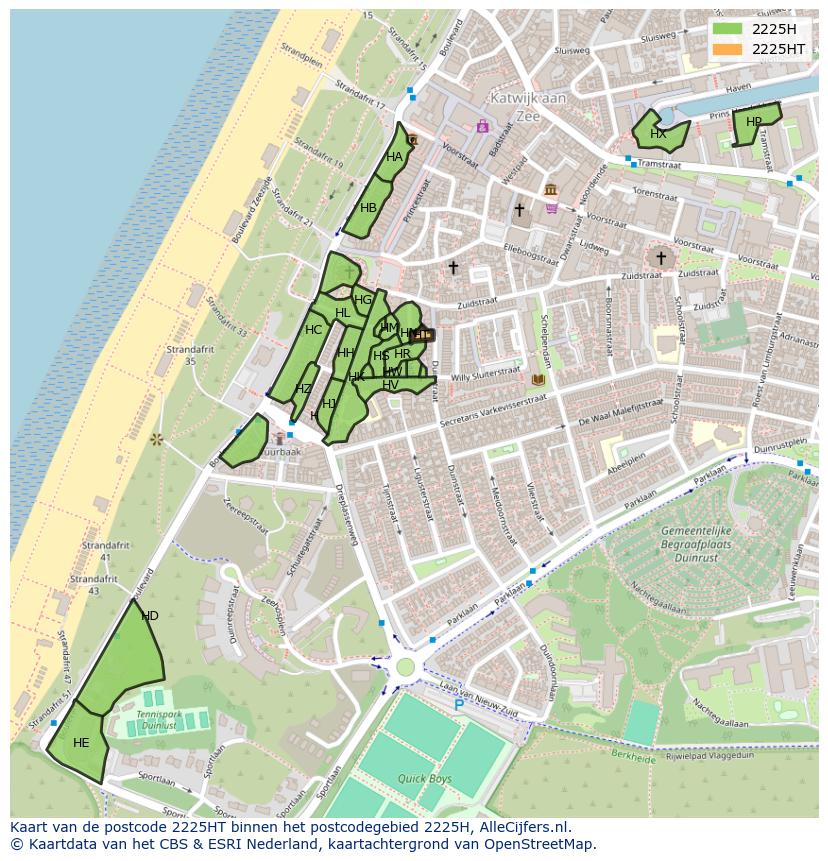 Afbeelding van het postcodegebied 2225 HT op de kaart.