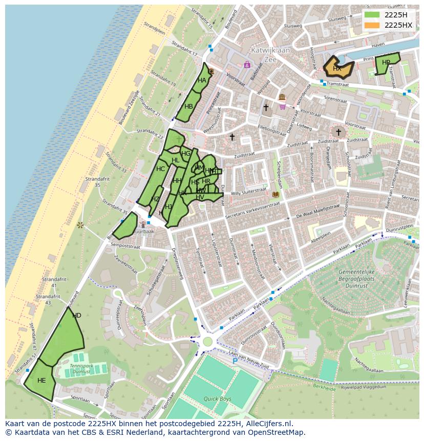 Afbeelding van het postcodegebied 2225 HX op de kaart.