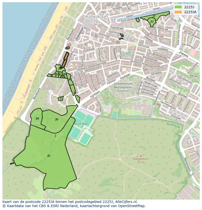 Afbeelding van het postcodegebied 2225 JA op de kaart.
