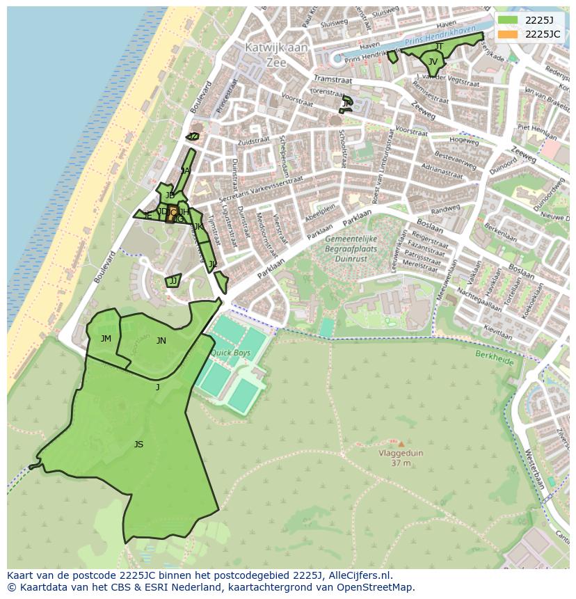 Afbeelding van het postcodegebied 2225 JC op de kaart.