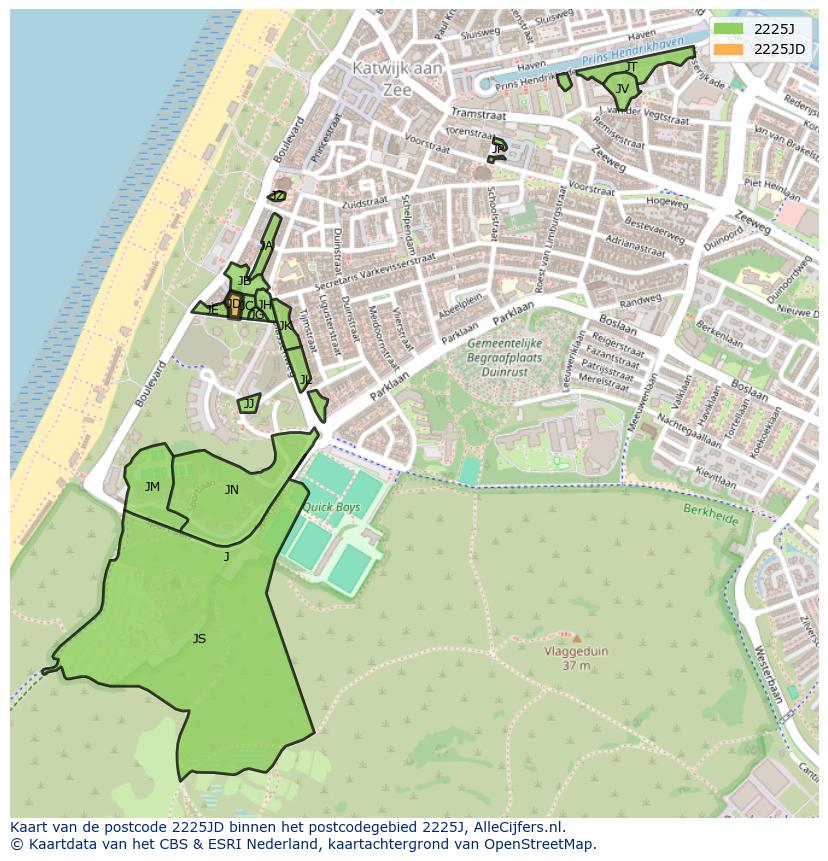 Afbeelding van het postcodegebied 2225 JD op de kaart.