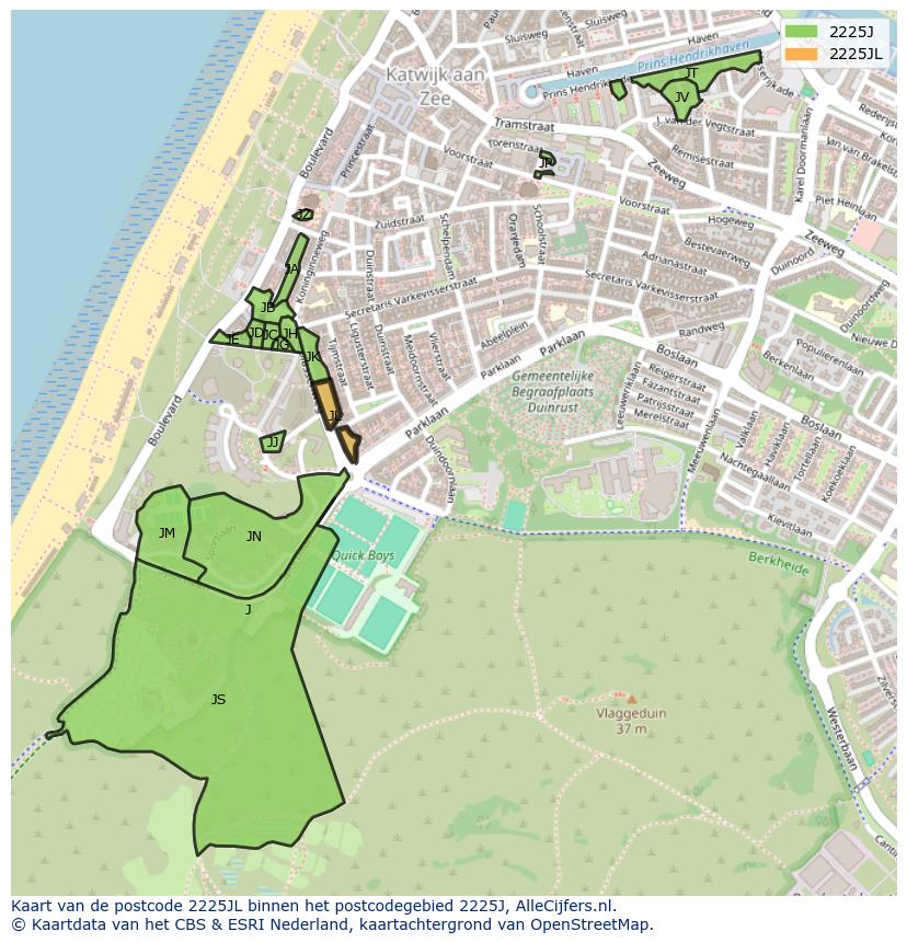 Afbeelding van het postcodegebied 2225 JL op de kaart.
