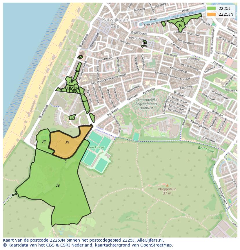 Afbeelding van het postcodegebied 2225 JN op de kaart.