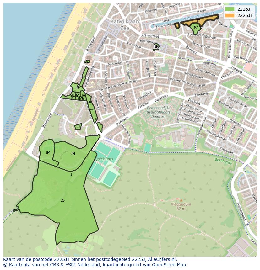 Afbeelding van het postcodegebied 2225 JT op de kaart.
