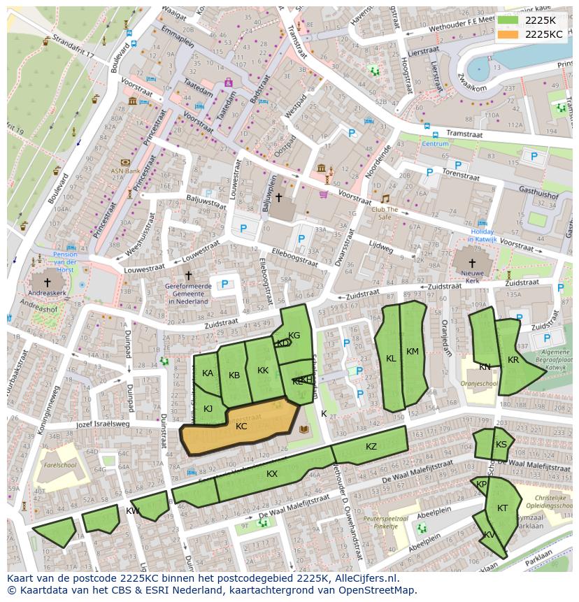Afbeelding van het postcodegebied 2225 KC op de kaart.