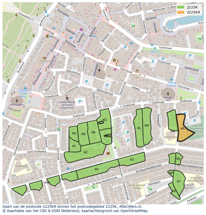 Afbeelding van het postcodegebied 2225 KR op de kaart.
