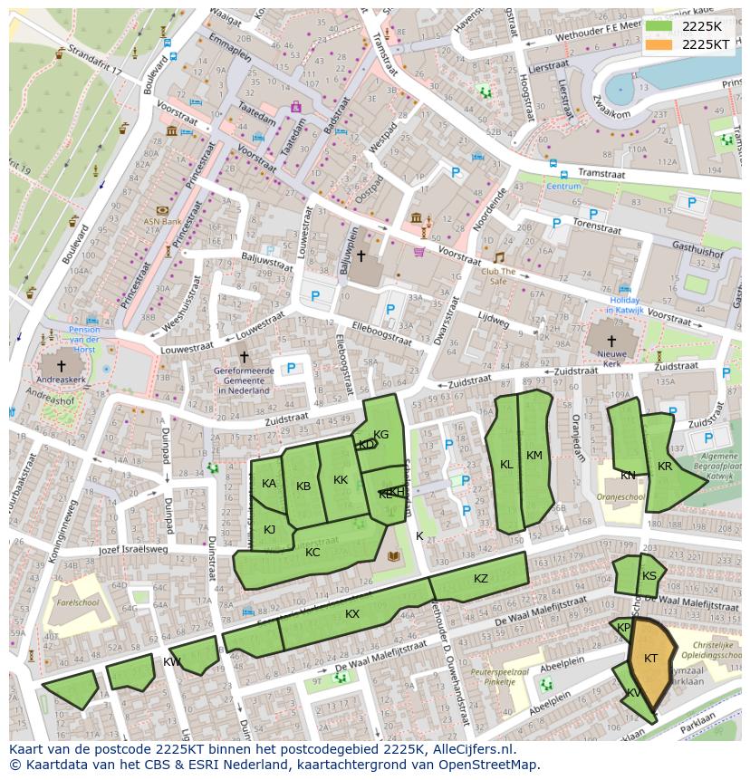Afbeelding van het postcodegebied 2225 KT op de kaart.