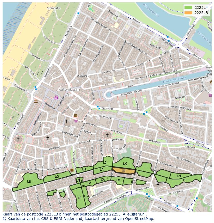 Afbeelding van het postcodegebied 2225 LB op de kaart.