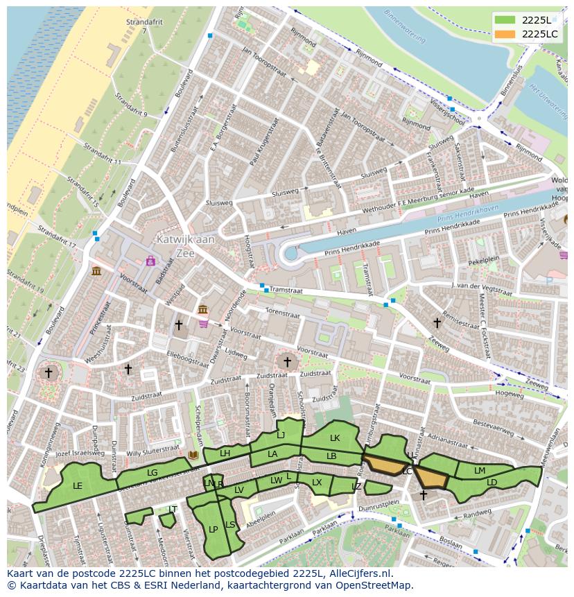 Afbeelding van het postcodegebied 2225 LC op de kaart.