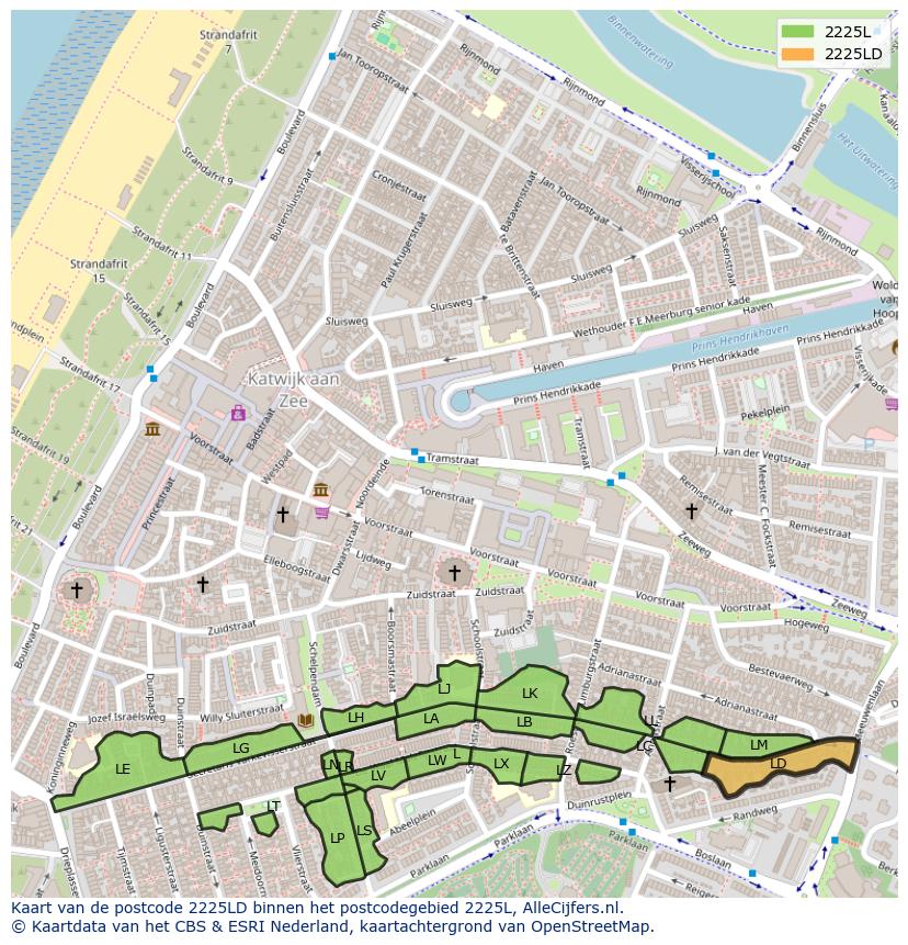 Afbeelding van het postcodegebied 2225 LD op de kaart.