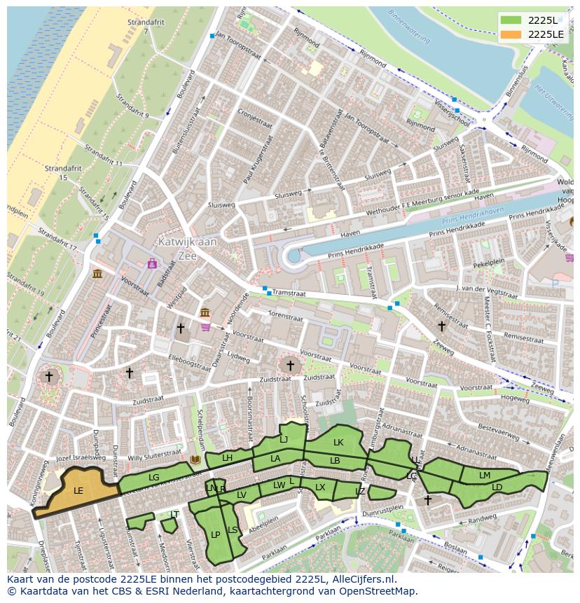 Afbeelding van het postcodegebied 2225 LE op de kaart.