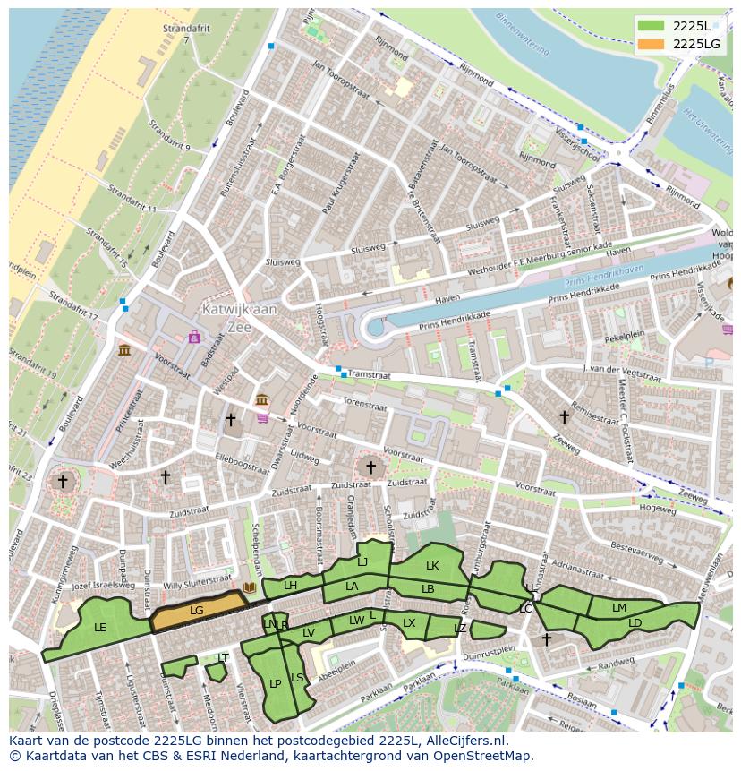 Afbeelding van het postcodegebied 2225 LG op de kaart.