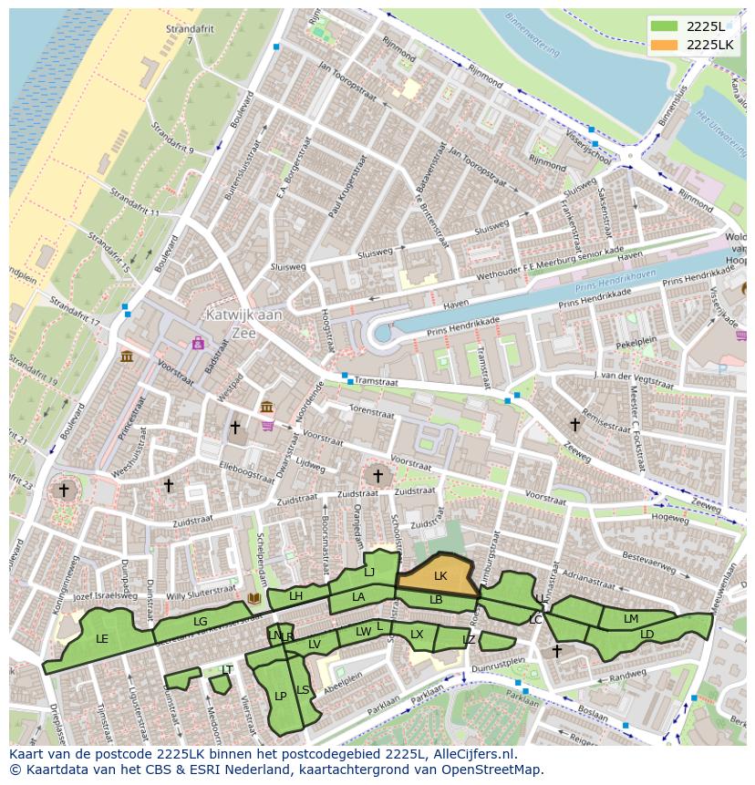 Afbeelding van het postcodegebied 2225 LK op de kaart.