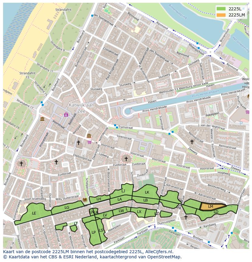 Afbeelding van het postcodegebied 2225 LM op de kaart.