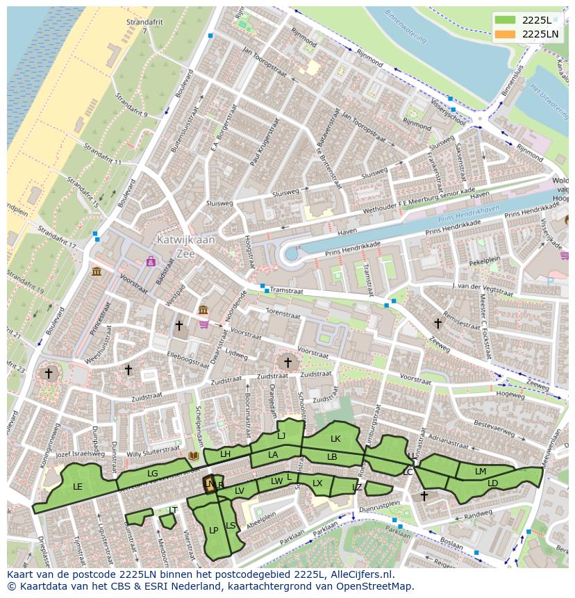 Afbeelding van het postcodegebied 2225 LN op de kaart.