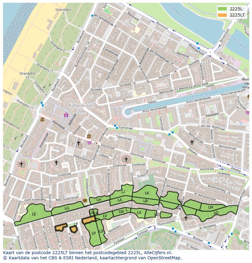 Afbeelding van het postcodegebied 2225 LT op de kaart.