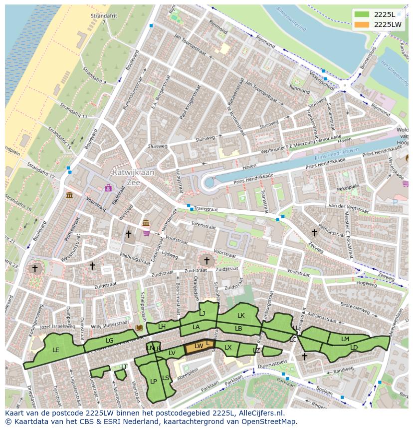 Afbeelding van het postcodegebied 2225 LW op de kaart.