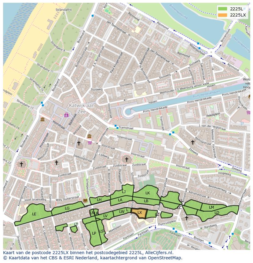 Afbeelding van het postcodegebied 2225 LX op de kaart.