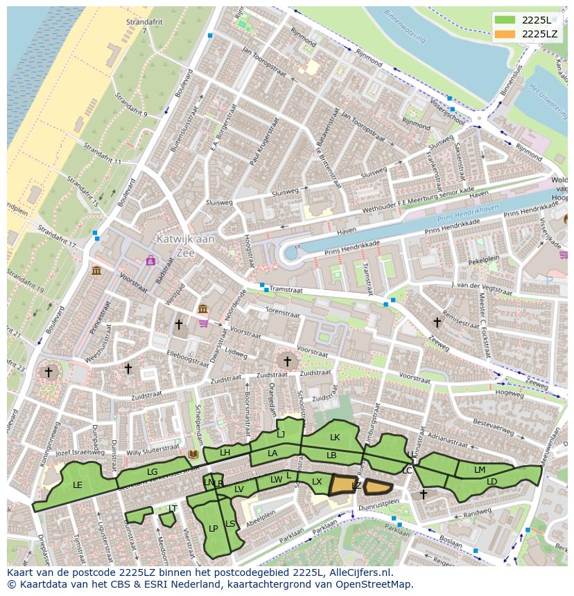 Afbeelding van het postcodegebied 2225 LZ op de kaart.
