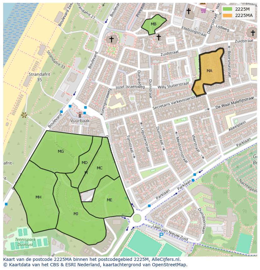 Afbeelding van het postcodegebied 2225 MA op de kaart.
