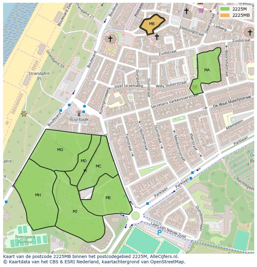 Afbeelding van het postcodegebied 2225 MB op de kaart.