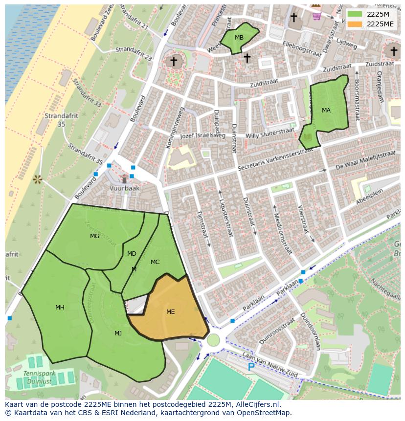 Afbeelding van het postcodegebied 2225 ME op de kaart.