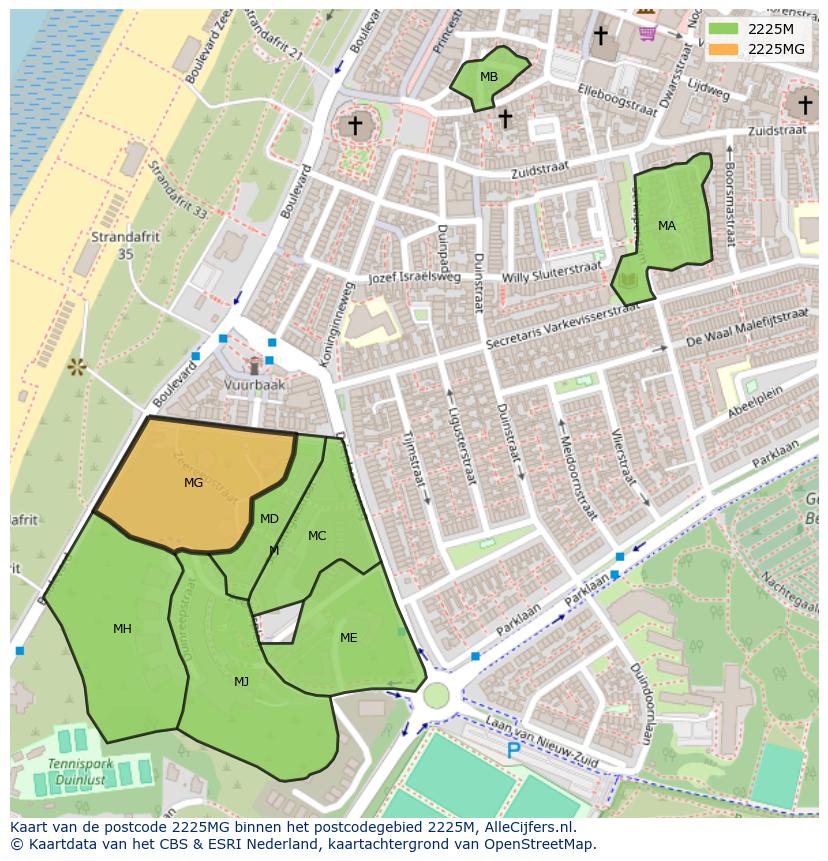 Afbeelding van het postcodegebied 2225 MG op de kaart.