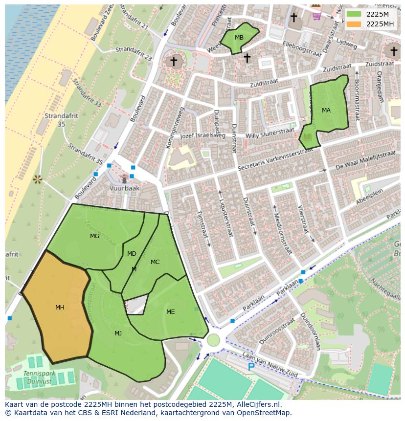 Afbeelding van het postcodegebied 2225 MH op de kaart.
