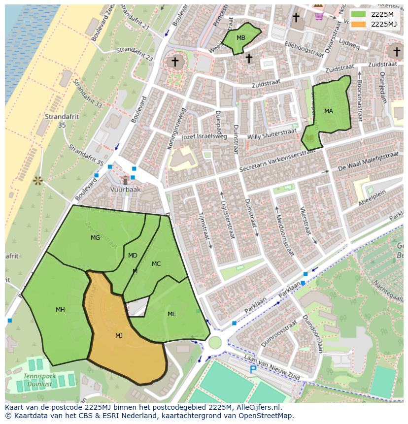 Afbeelding van het postcodegebied 2225 MJ op de kaart.