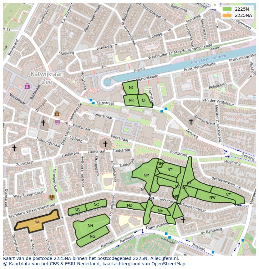 Afbeelding van het postcodegebied 2225 NA op de kaart.