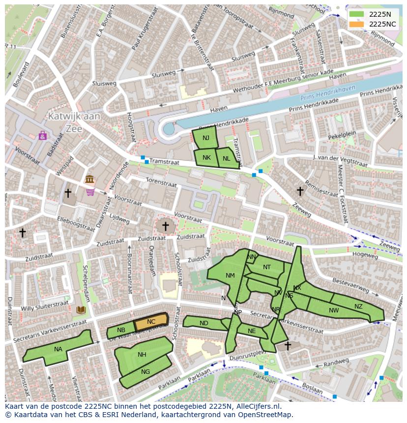 Afbeelding van het postcodegebied 2225 NC op de kaart.