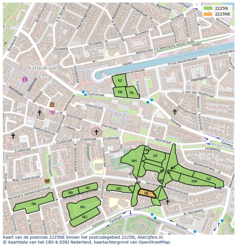 Afbeelding van het postcodegebied 2225 NE op de kaart.