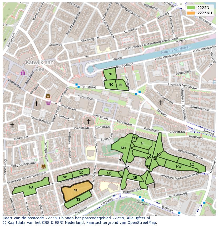 Afbeelding van het postcodegebied 2225 NH op de kaart.