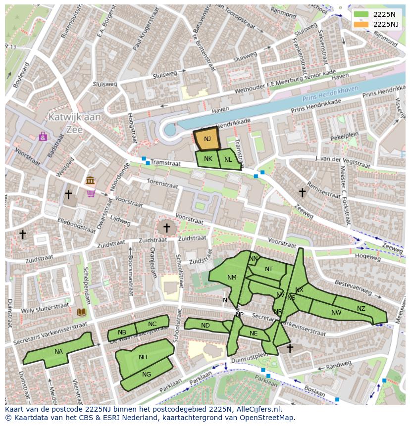 Afbeelding van het postcodegebied 2225 NJ op de kaart.