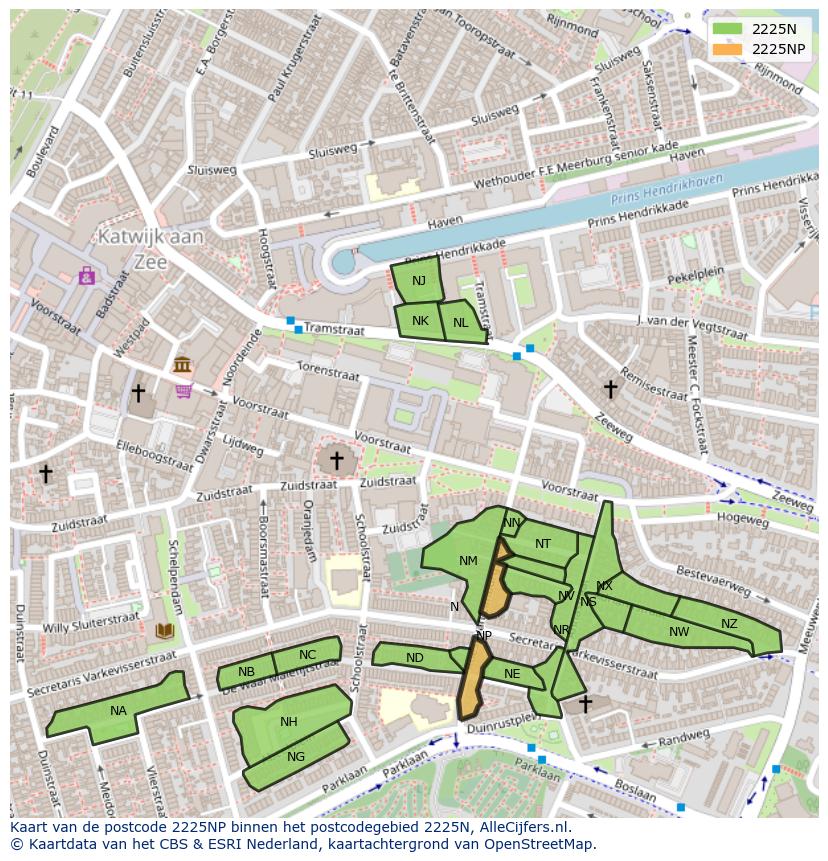 Afbeelding van het postcodegebied 2225 NP op de kaart.