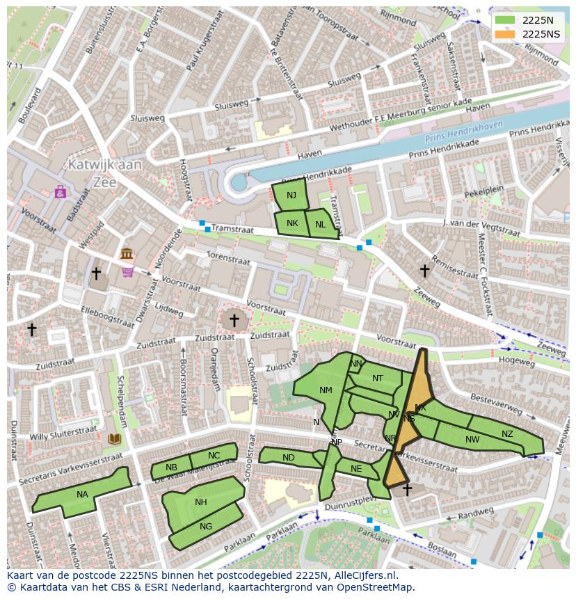 Afbeelding van het postcodegebied 2225 NS op de kaart.