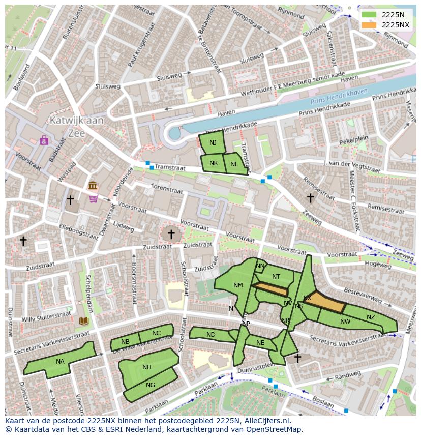 Afbeelding van het postcodegebied 2225 NX op de kaart.