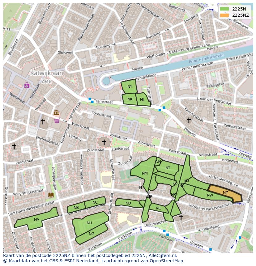 Afbeelding van het postcodegebied 2225 NZ op de kaart.