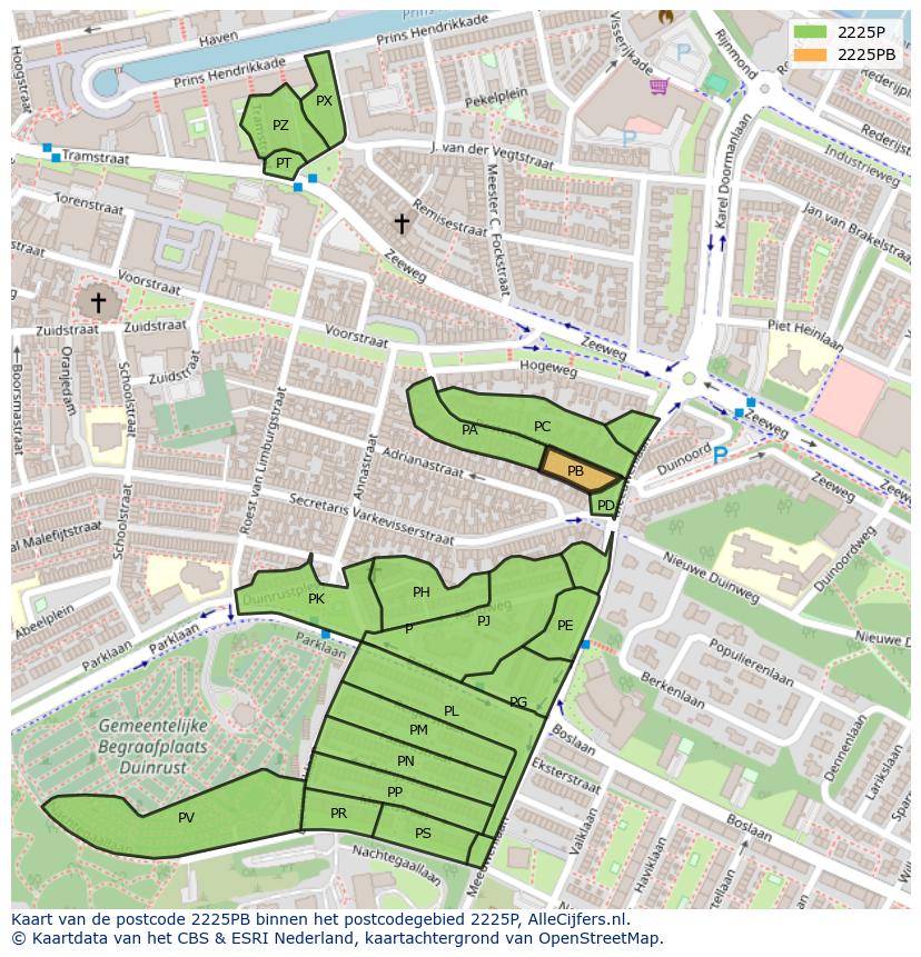 Afbeelding van het postcodegebied 2225 PB op de kaart.