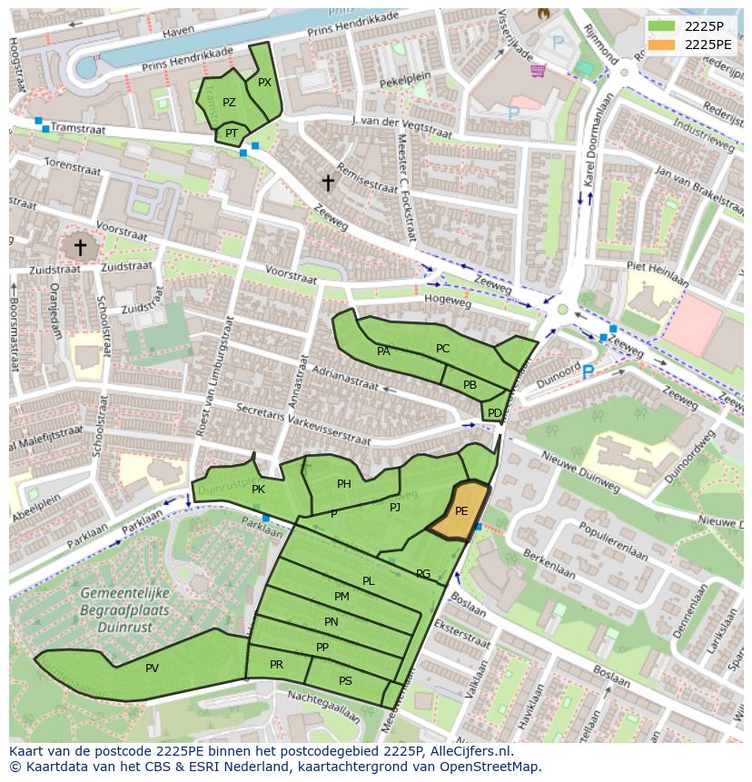 Afbeelding van het postcodegebied 2225 PE op de kaart.