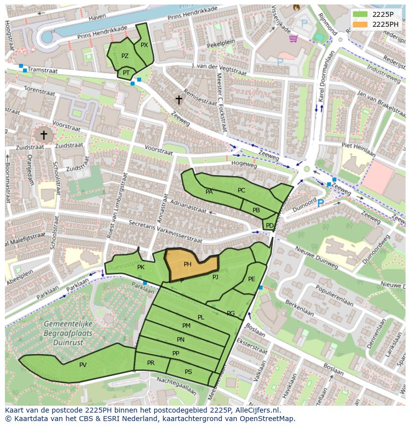 Afbeelding van het postcodegebied 2225 PH op de kaart.