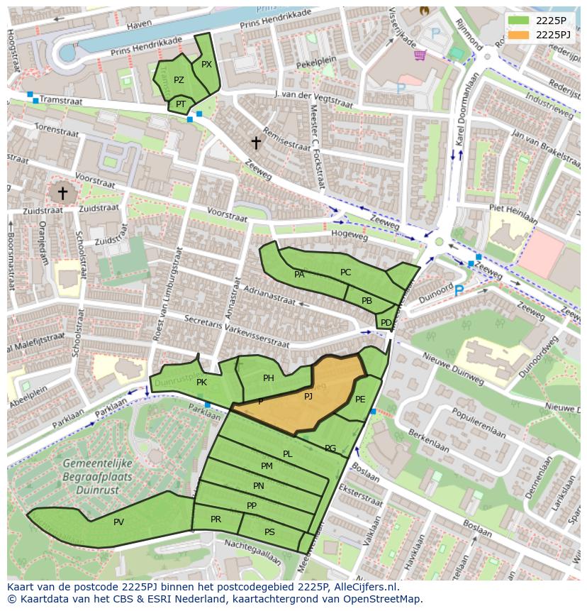 Afbeelding van het postcodegebied 2225 PJ op de kaart.