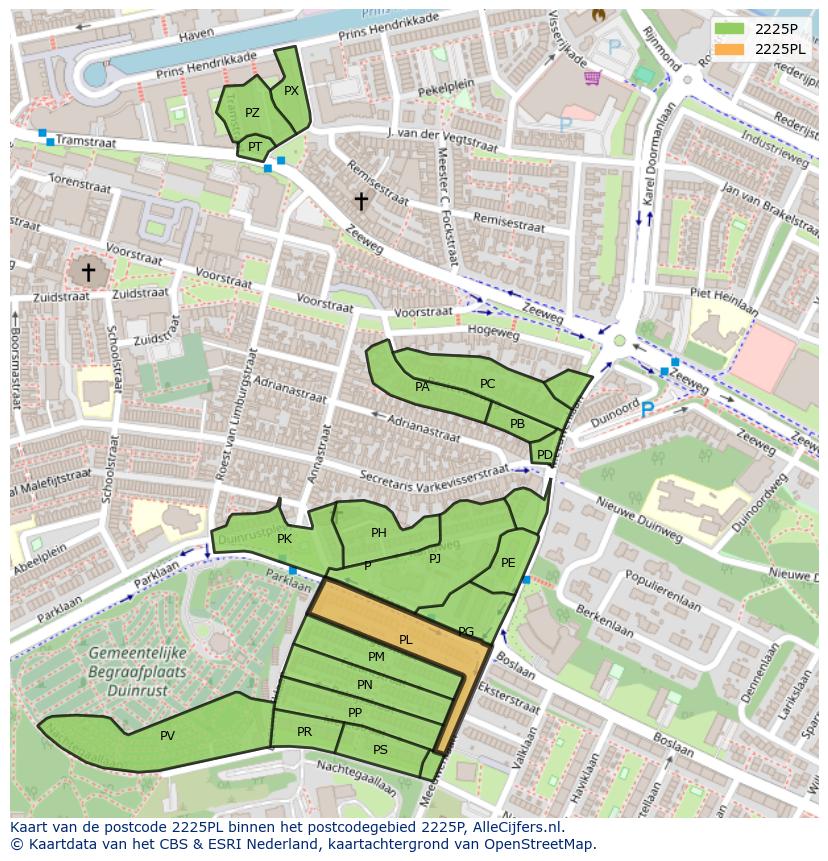 Afbeelding van het postcodegebied 2225 PL op de kaart.