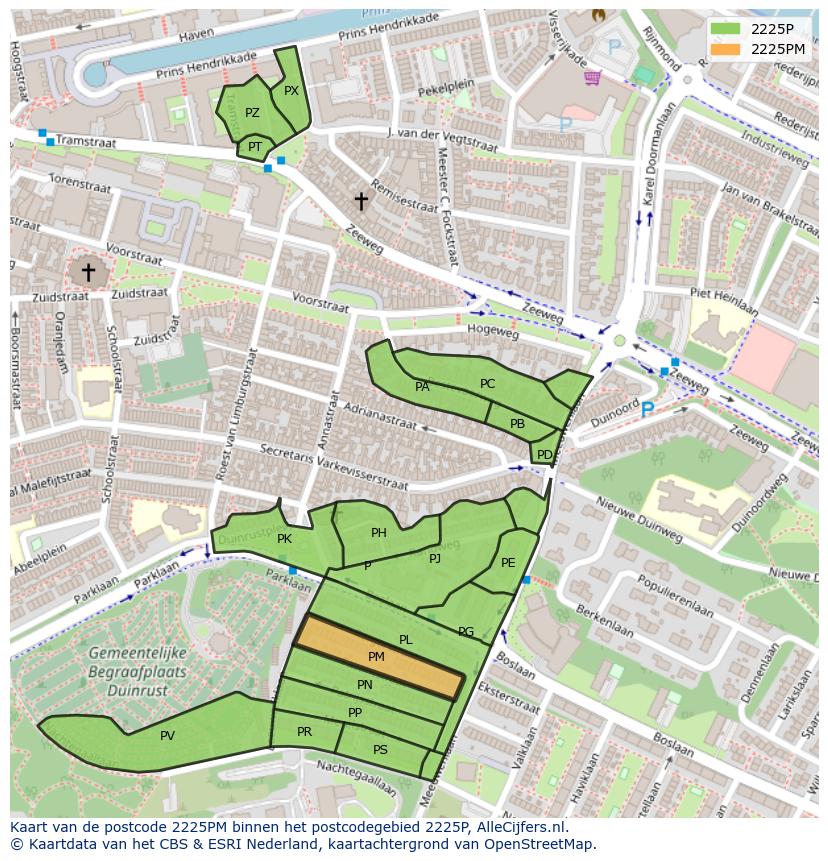 Afbeelding van het postcodegebied 2225 PM op de kaart.